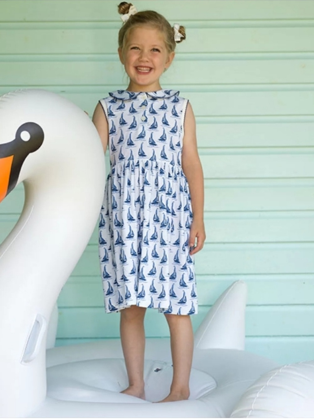 Rachel Riley White and Navy Sailboat Print Sleeveless Dress
